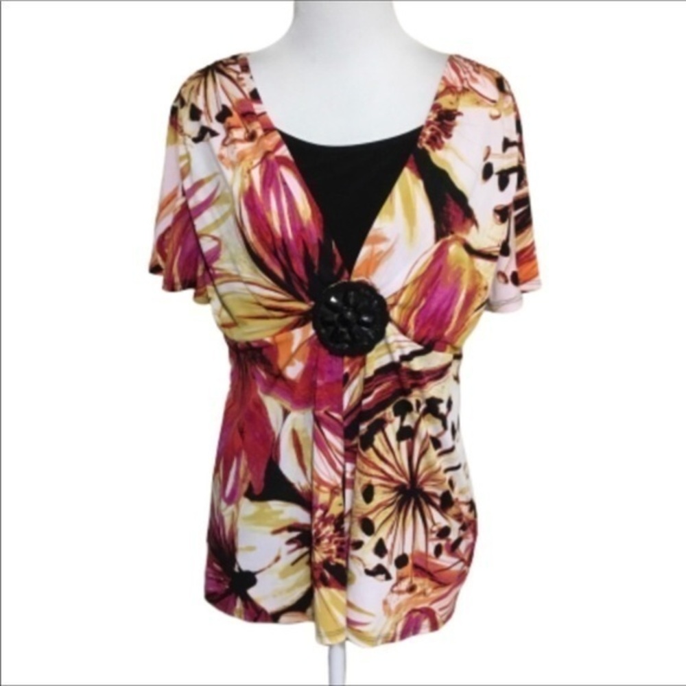 Notations Colorful Floral Contemporary Work Short Sleeve Blouse M